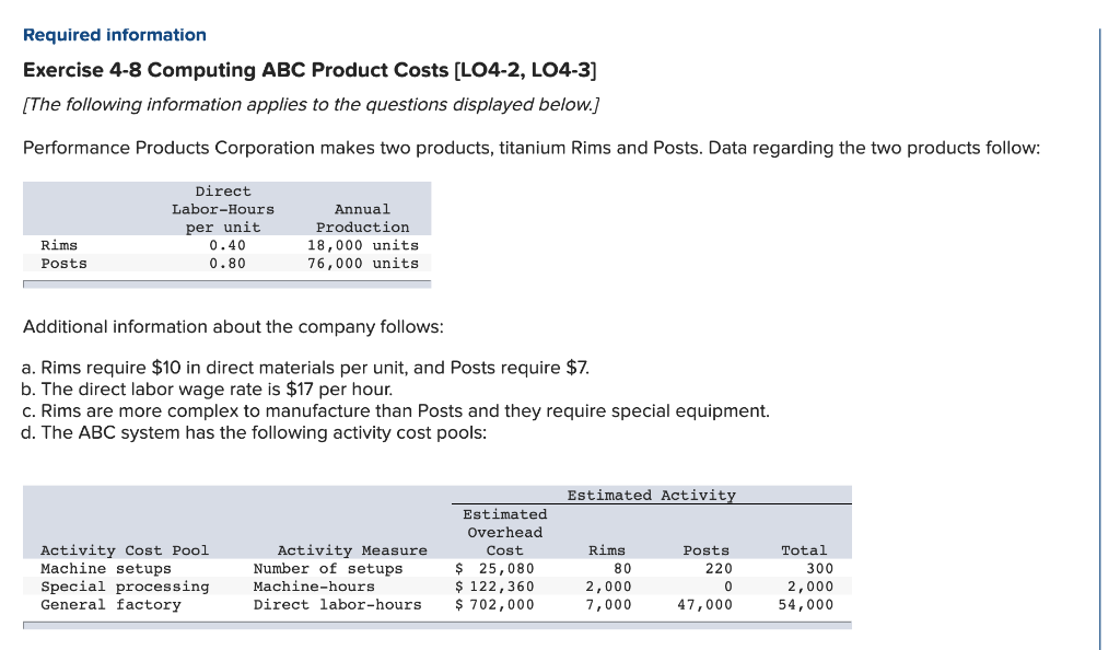  Required information Exercise 4-8 Computing ABC Product Costs [LO4-2, LO4-3] [The