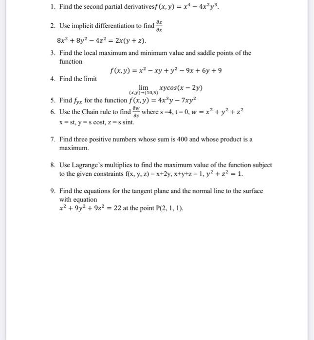 please Help, Hand writing is perfered. 1. Find the second partial derivativesf(x,