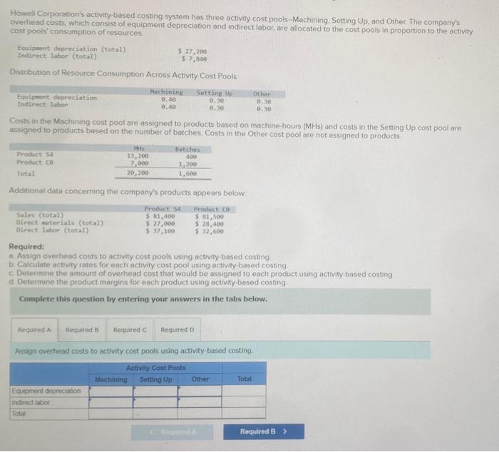  Howell Corporation's activity based costing system has three activity cost pools-