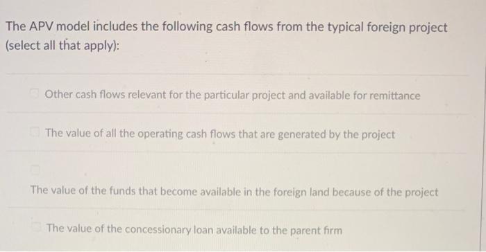  The APV model includes the following cash flows from the typical