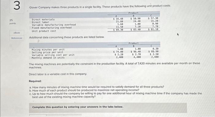  Glover Company makes three products in a single facility. These products