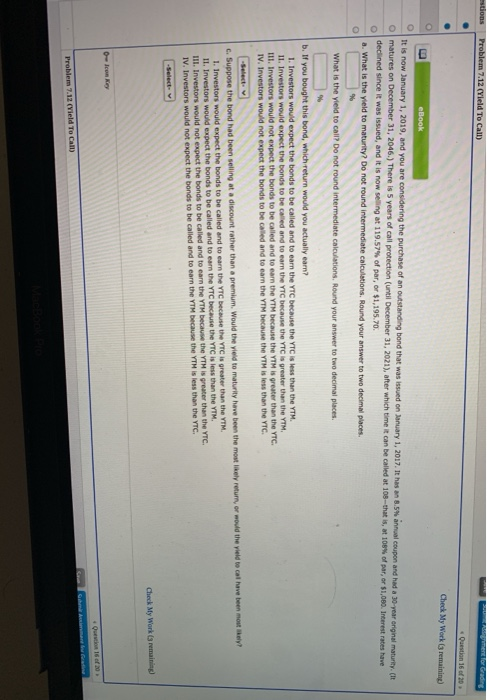  Problem 7.12 (Yield To Call) Grading Question 16 of 20 -