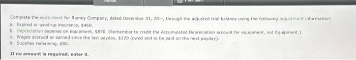 Complete the work sheet for Ramey Company, dated December 31,20, throwgh