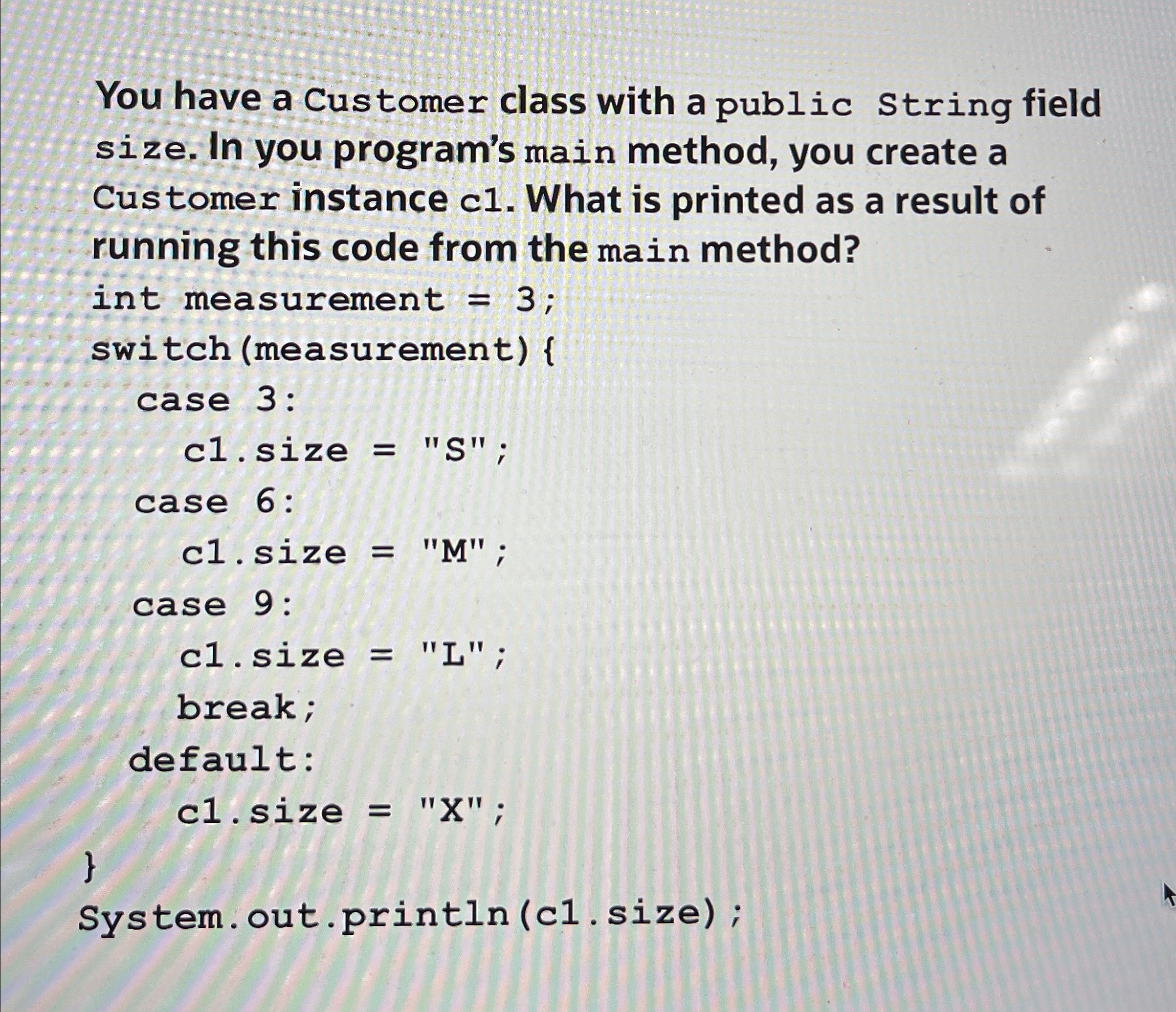  You have a Customer class with a public String field size.