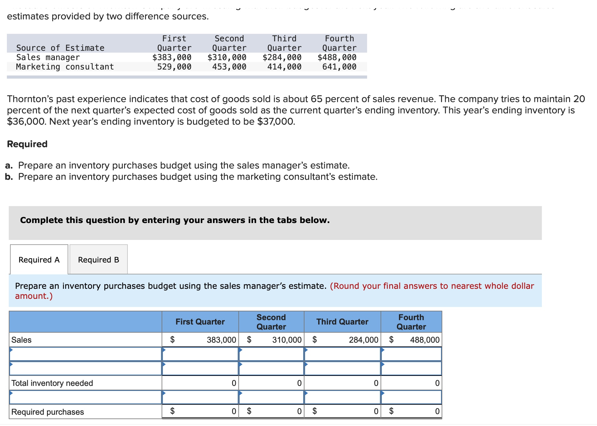 QUESTION 3 Exercise 7-10A (Algo) Preparing inventory purchases budgets with different assumptions