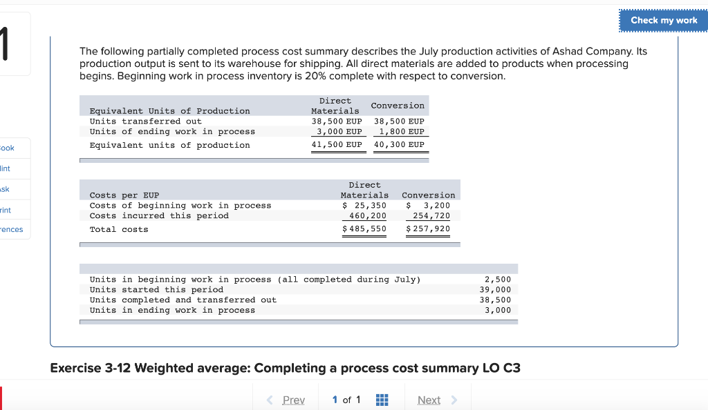 and transferred out Units of ending work in process Equivalent units of