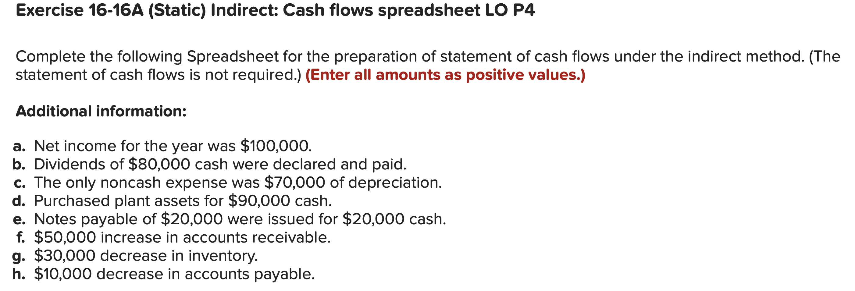  Exercise 16-16A (Static) Indirect: Cash flows spreadsheet LO P4 Complete the
