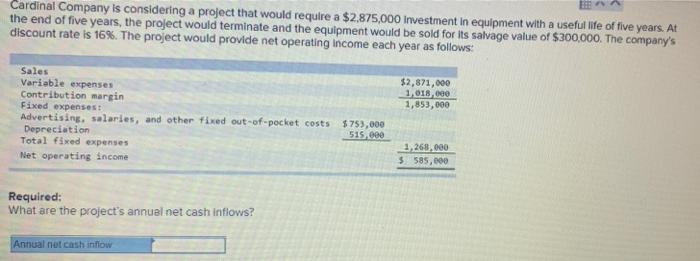 fast answer please Cardinal Company is considering a project that would
