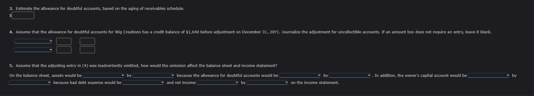 Receivables; Estimating Allowance for Doubtful Accounts on December 31,20Y1 : \begin{tabular}{lccccccc} &