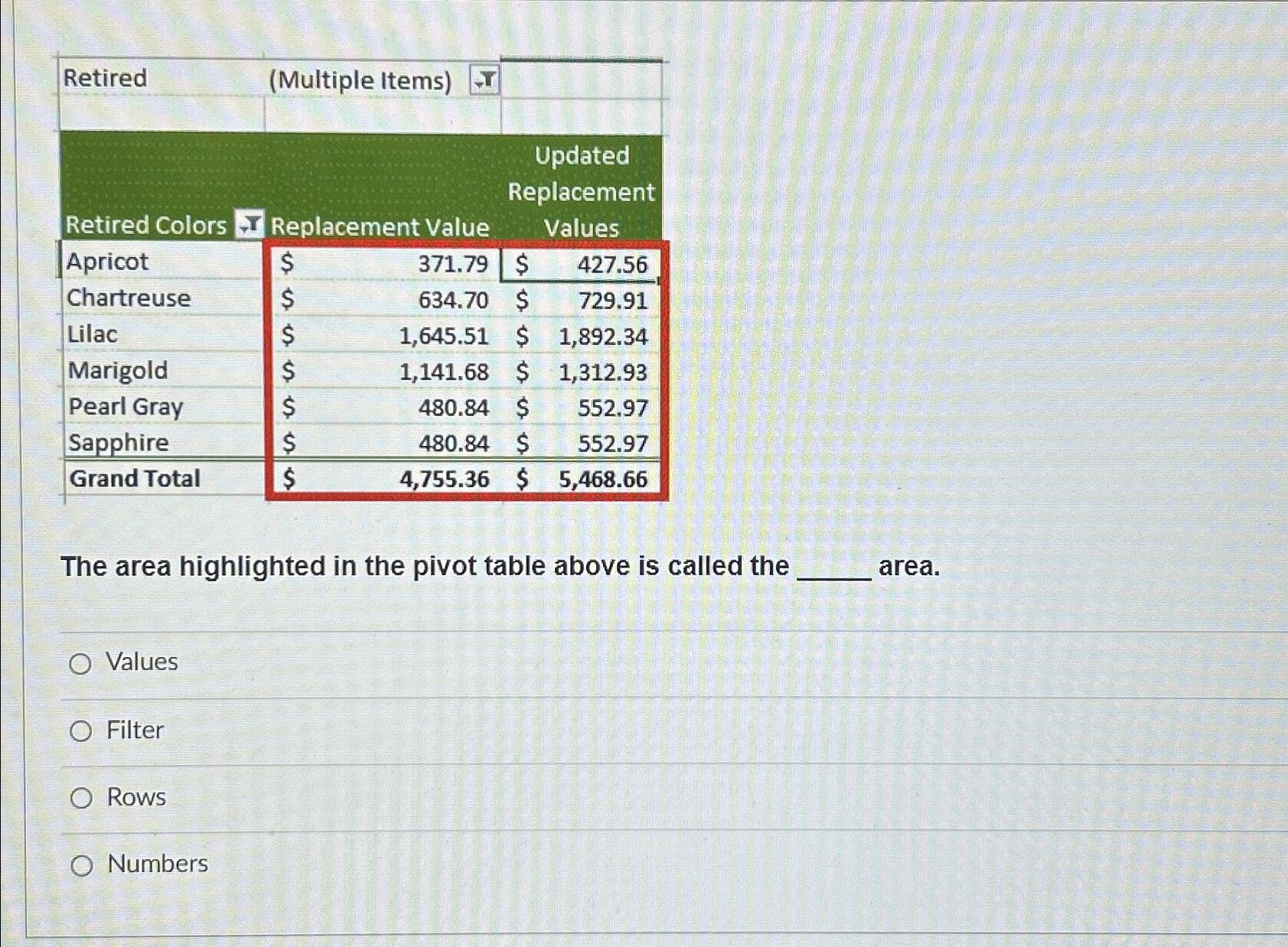  \table[[Retired,(Multiple Items),,,],[Retired Colors,Replacement Valu,,Re,\table[[Jpdated],[olacement],[Values]]],[Apricot,371.7,,$,427.56],[Chartreuse,634.7,,$,729.91],[Lilac,1,645.5,,$,1,892.34 