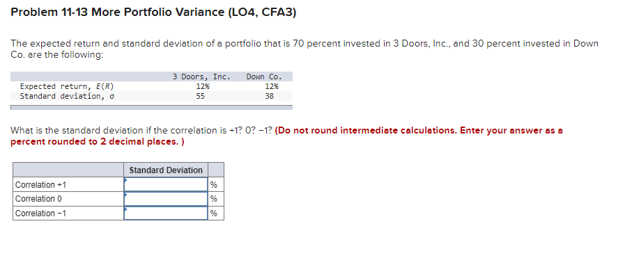  Problem 11-13 More Portfolio Variance (LO4, CFA3) The expected return and