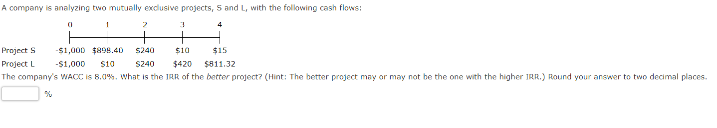  A company is analyzing two mutually exclusive projects, S and L,
