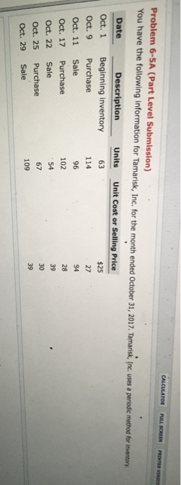  Problem 6-5A (Part Level Submission) You have the following information for