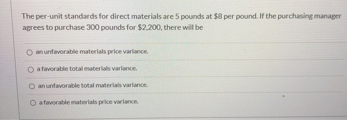  The per-unit standards for direct materials are 5 pounds at $8