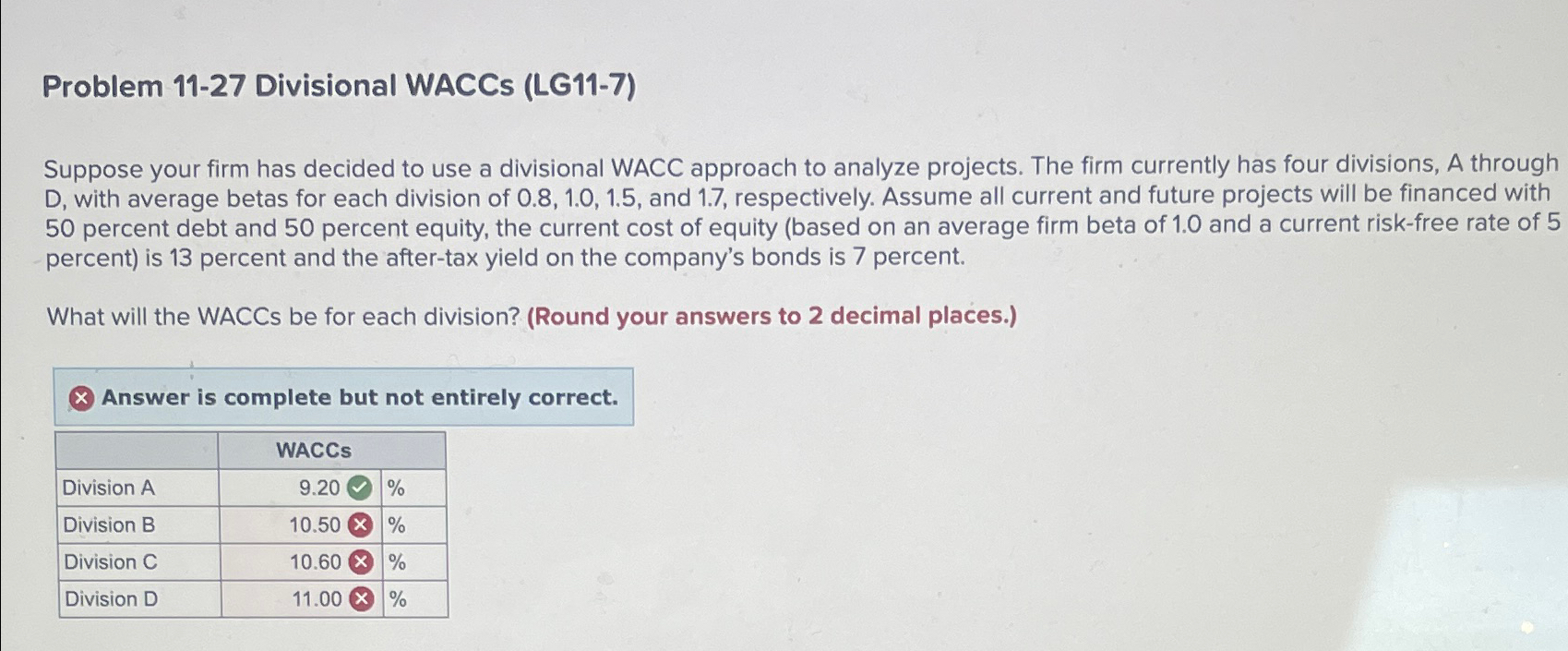  Problem 11-27 Divisional WACCs (LG11-7) Suppose your firm has decided to