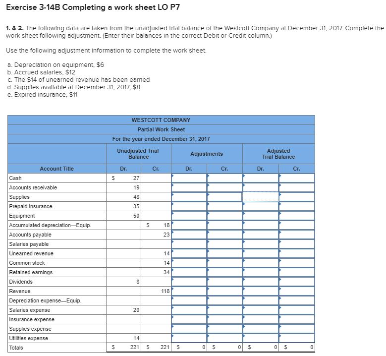 Exercise 3-14B Completing a work sheet LO P7 1. & 2.