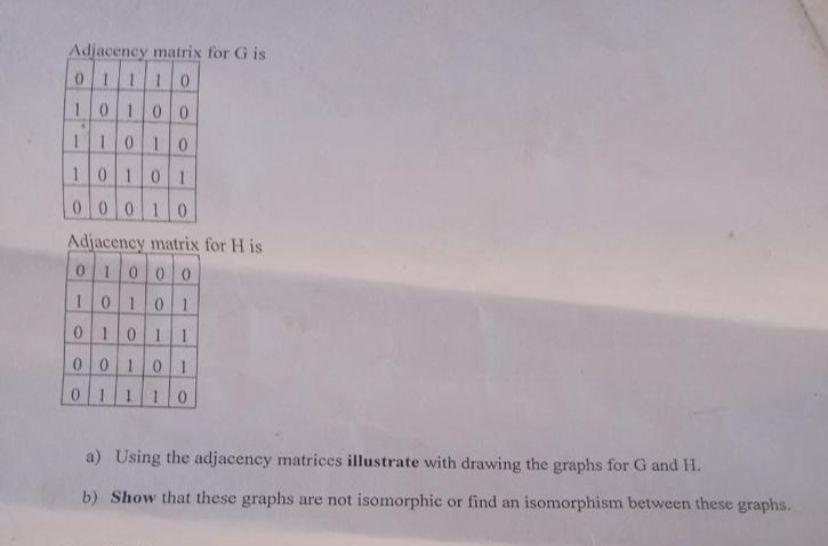 Question : G and H are simple graphs with V(G0={a,b,c,d,e} and V(H)={v1,v2,v3,v4,v5}