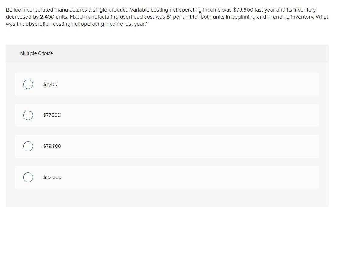  Bellue Incorporated manufactures a single product. Variable costing net operating income
