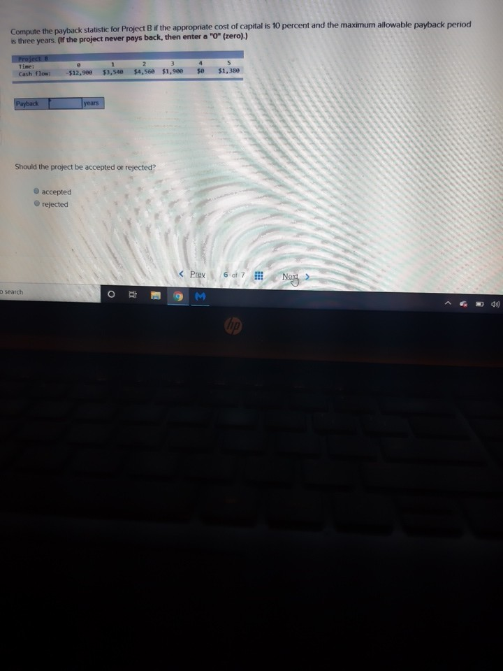 Compute the payback statistic for Project B if the appropriate cost