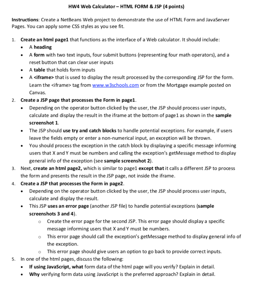 Java/html experts, please help!! HW4 Web Calculator- HTML FORM & JSP (4
