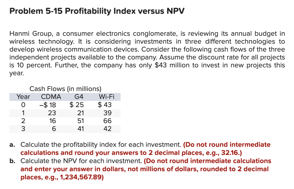  Problem 5-15 Profitability Index versus NPV Hanmi Group, a consumer electronics