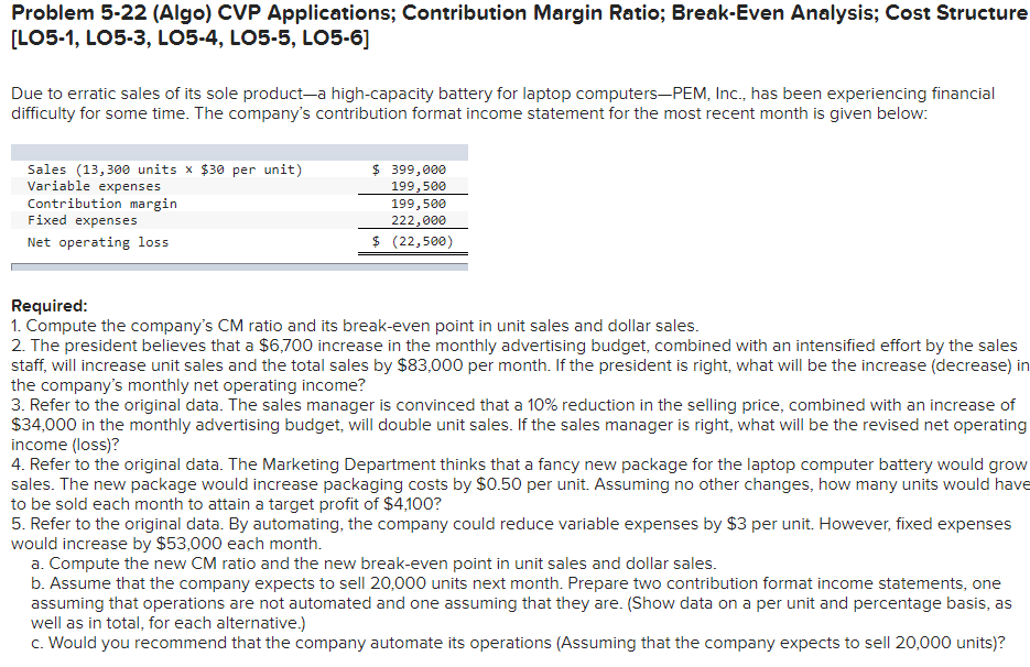 Problem 5-22 (Algo) CVP Applications; Contribution Margin Ratio; Break-Even Analysis; Cost