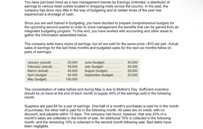 Required: Prepare a master budget for the three-month period ending June 30