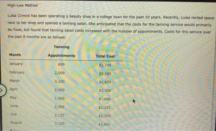 numbers 2 and 4 please. High-Low Method Luisa Crimini has been