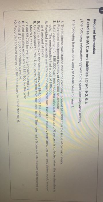  Required information Exercise 9-8A Current liabilities LO 9-1, 9-2, 9.4 [The