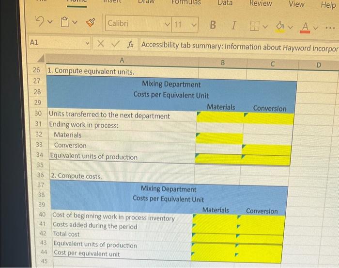A1 fx Accessibility tab summary: Information about Hayword incorpo \begin{tabular}{|c|l|r|} \hline 1