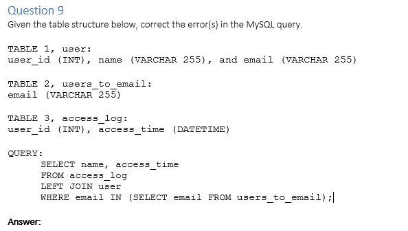 query. TABLE 1, user: user id (INT), name (VARCHAR 255), and email