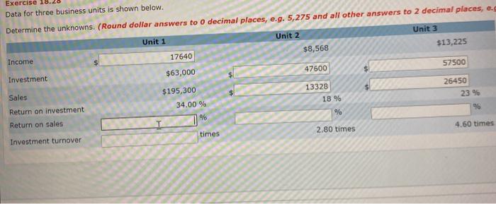 please help with these Exercise Data for three business units is shown