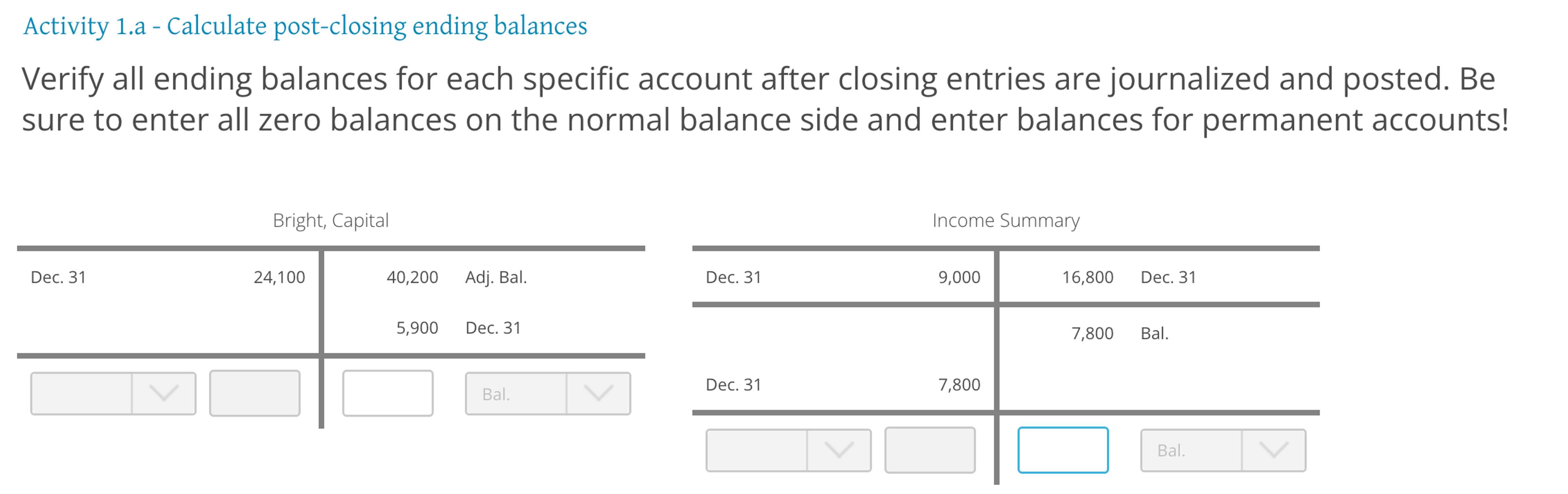 Activity 1.a-Calculate post-closing ending balances Verify all ending balances for each