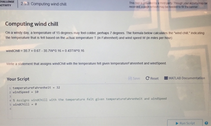  Matlab HALLENGE CTIVITY 3 Computing wind chil This tool is provided