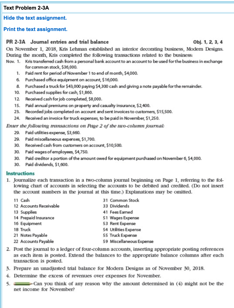  Text Problem 2-3A Hide the text assignment. Print the text assignment.