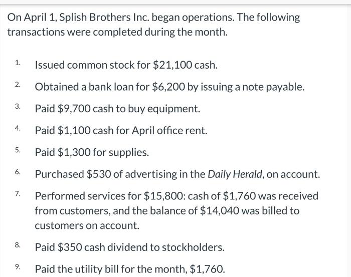 Please help complete the table. On April 1, Splish Brothers Inc. began