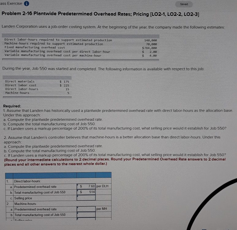  Saved ass Exercise Problem 2-16 Plantwide Predetermined Overhead Rates; Pricing [LO2-1,