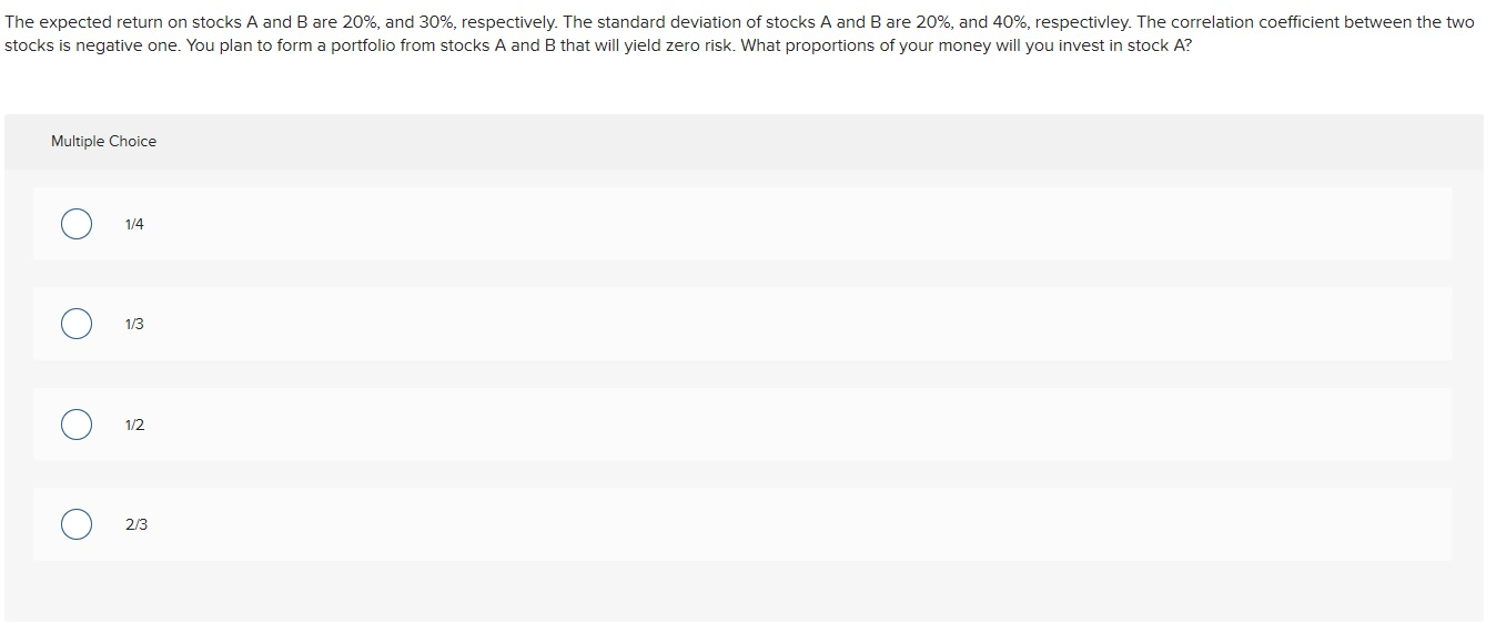 The expected return on stocks A and B are 20%, and