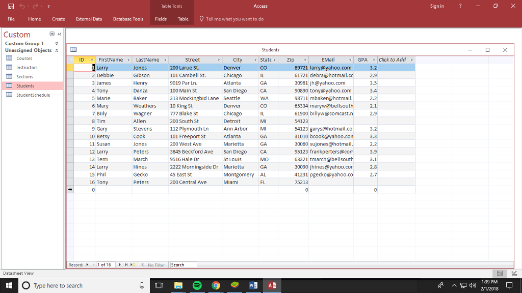 name of the course, time, day and room No for all courses