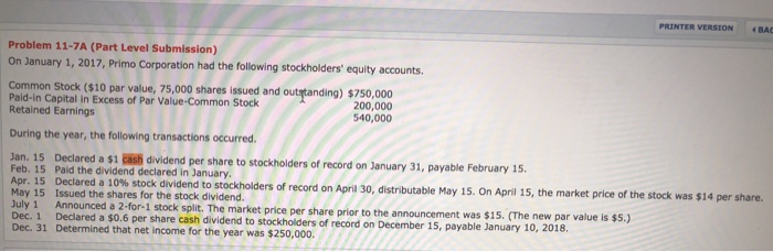  PRINTER VERSION BAC Problem 11-7A (Part Level Submission) On January 1,