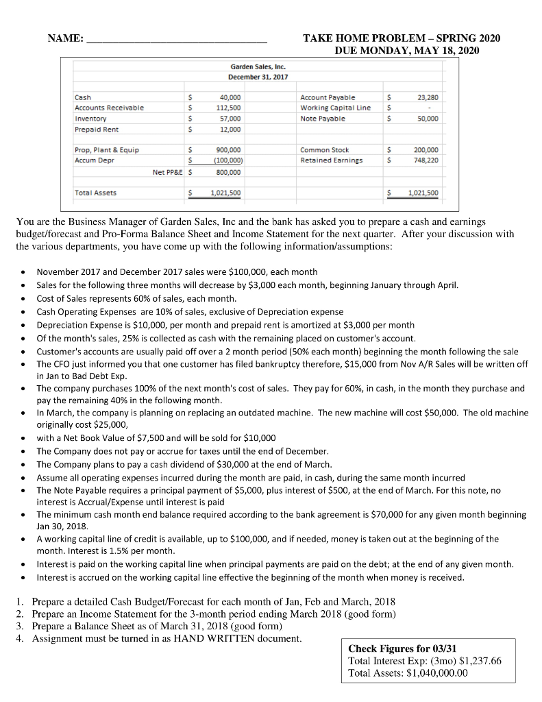  NAME: TAKE HOME PROBLEM - SPRING 2020 DUE MONDAY, MAY 18,