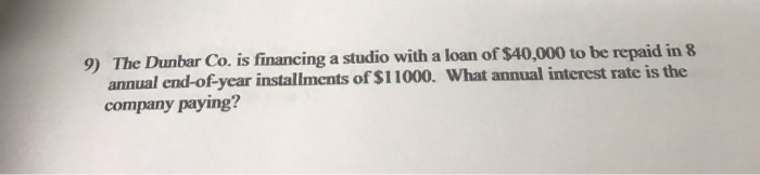  9) The Dunbar Co. is financing a studio with a loan