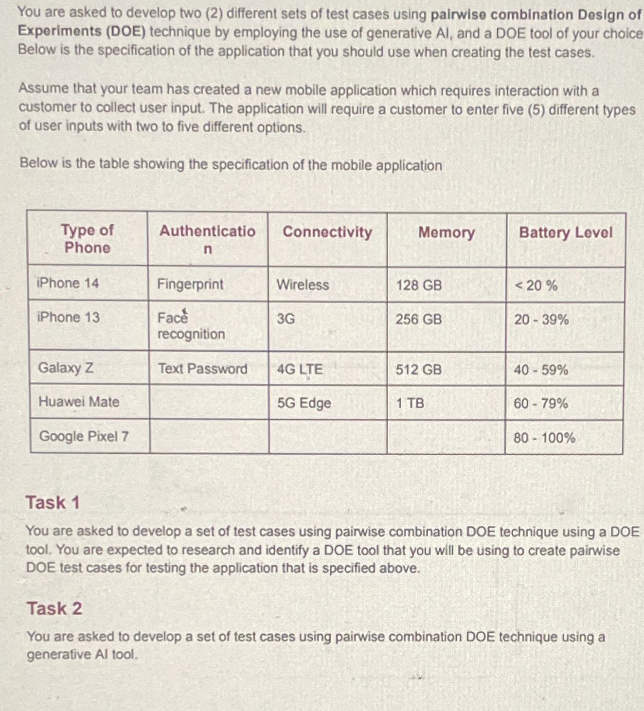  You are asked to develop two (2) different sets of test