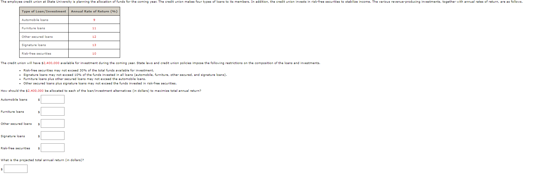  The credit union will have $2,400,000 available for investment during the