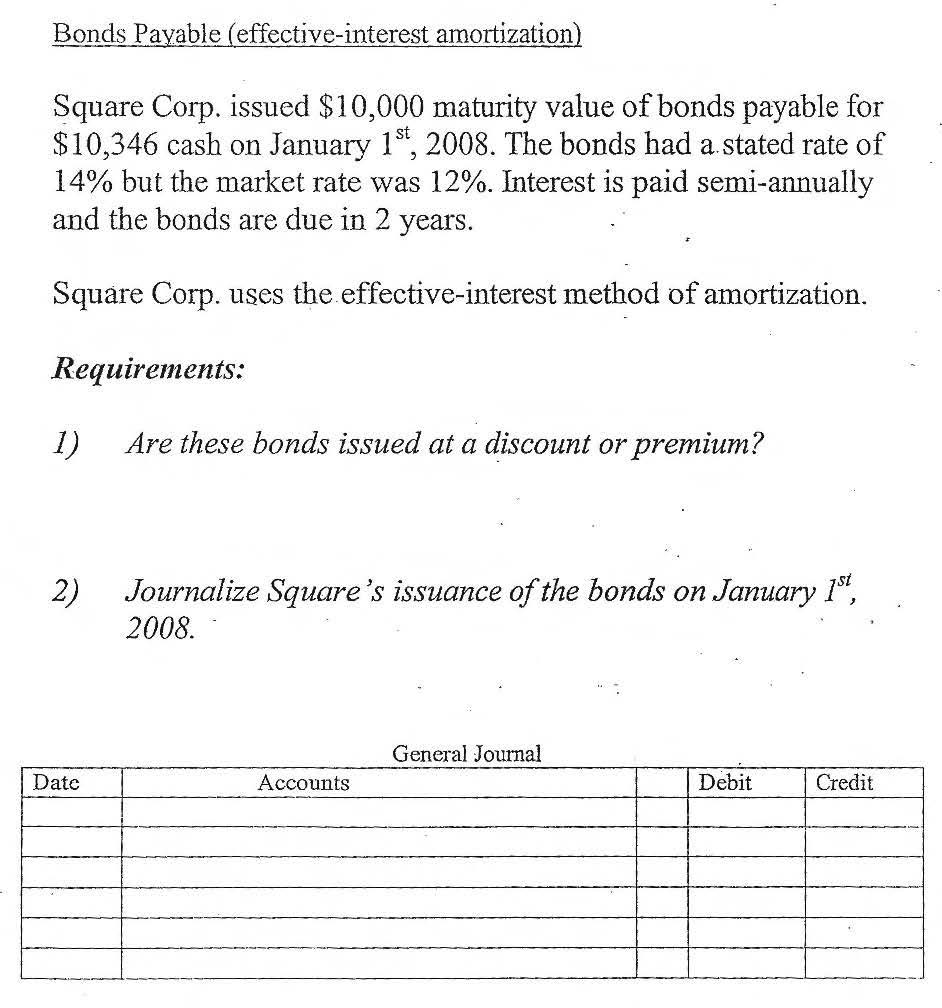 Bonds Payable (effective-interest amortization) Square Corp. issued $10,000 maturity value of