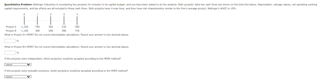  Quantitative Problem: Bellinger Industries is considering two projects for inclusion in