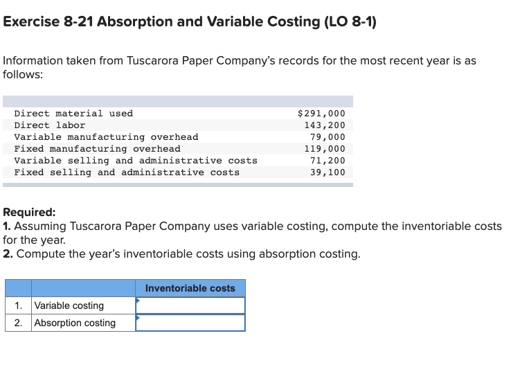 Account Help Exercise 8-21 Absorption and Variable Costing (LO 8-1) Information taken