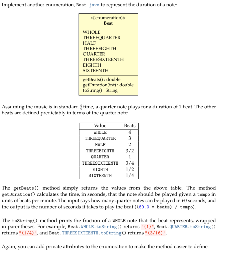 Code in Java Implement another enumeration, Beat.java to represent the duration of