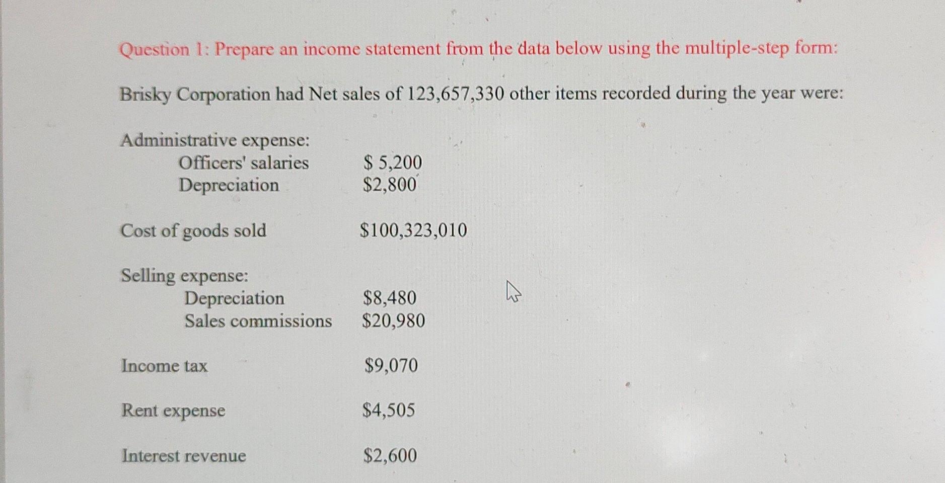 Question 1: Prepare an income statement from the data below using