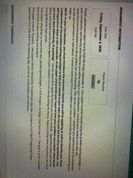  ASSIGNMENT INFORMATION Points Possible Due Date Friday, September 4, 2020 5:00